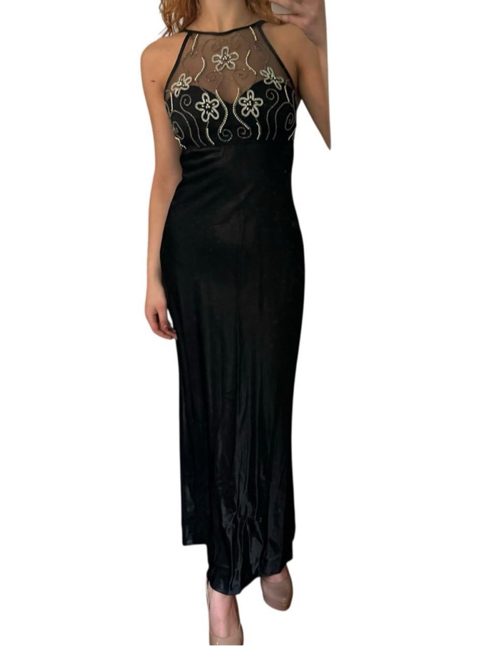 morgan and co satin halter gown